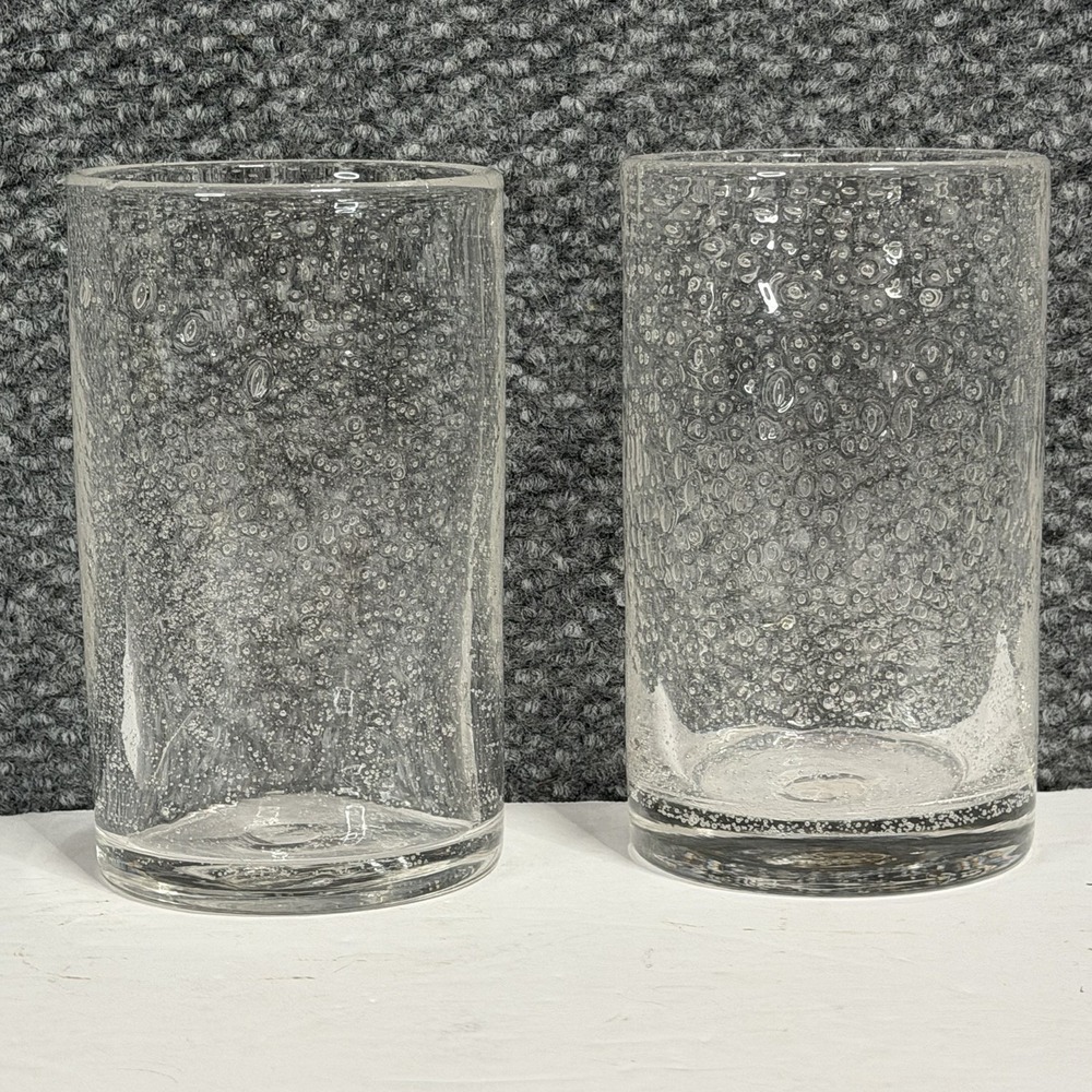 Set of 2 Hand-blown Clear Glass Tumblers w/ Suspended Bubbles  5.5" Tall